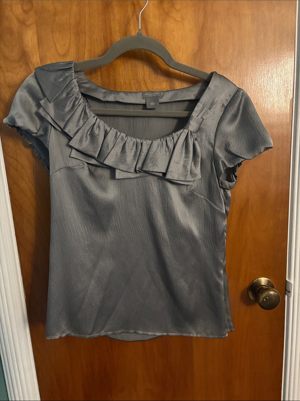 Ann Taylor Gray Ruffle-Trim Silk Scoop Neck Top